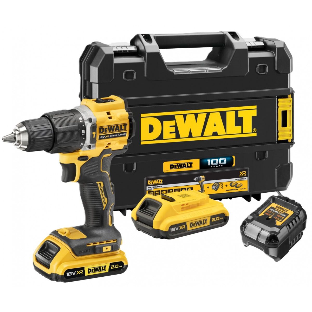 Aparafusadora/Berbequim com percussão XR 18V + 2 Baterias 2,0Ah DCD100YD2T "Edição Limitada 100 Anos" DEWALT