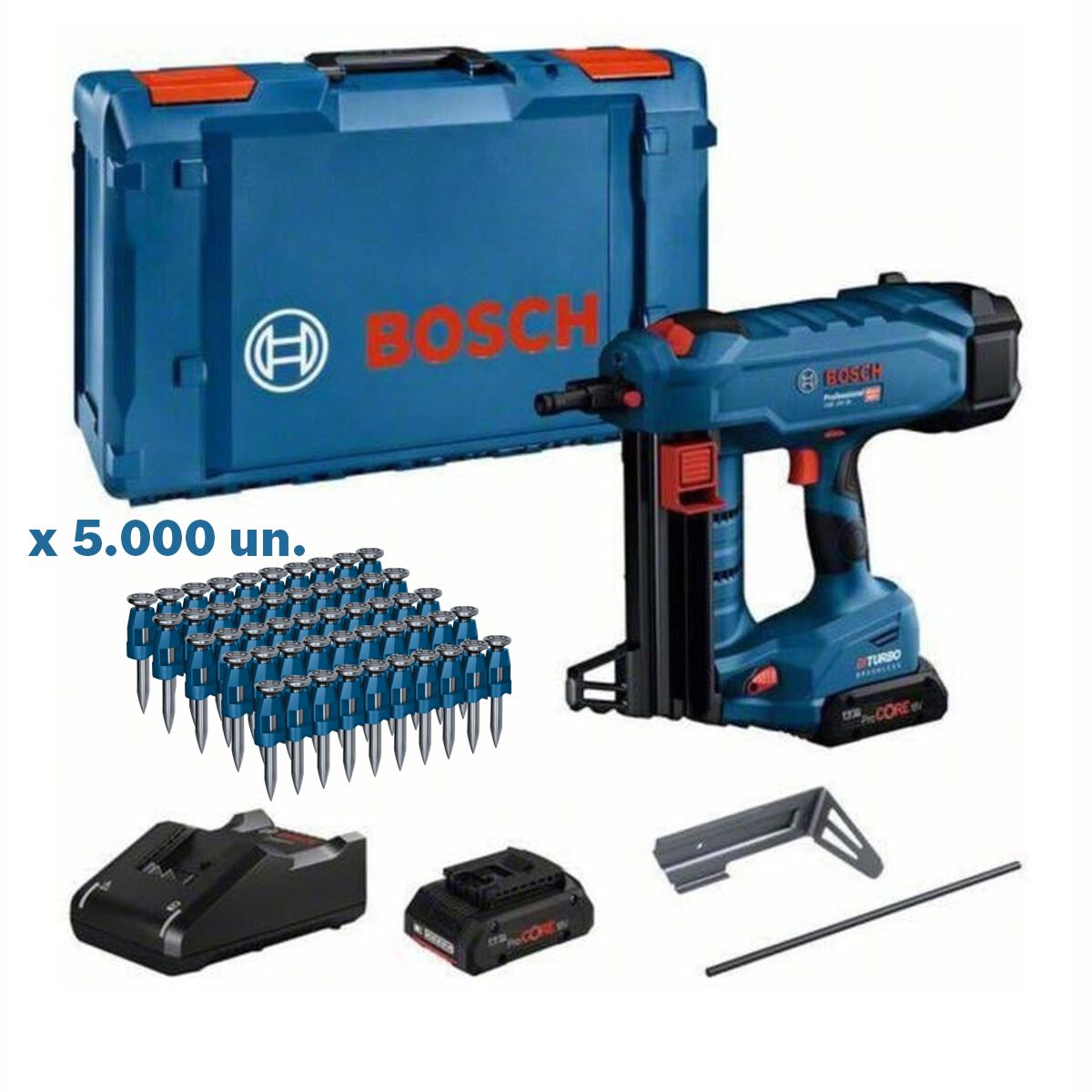 Kit Pregadora de Betão GNB 18V-38 + 2x Baterias PC 4.0Ah + 5000 Pregos NB-25 para betão BOSCH